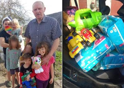 Pagalba virsta šypsenomis – šeima džiaugiasi Vytauto atvežtais žaislais.